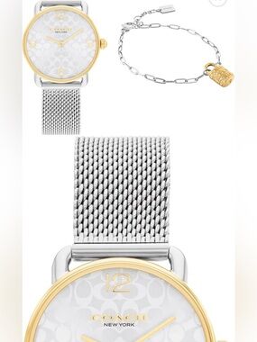 New! COACH Two-Tone Silver Mesh Bracelet and Watch with Gold Accents